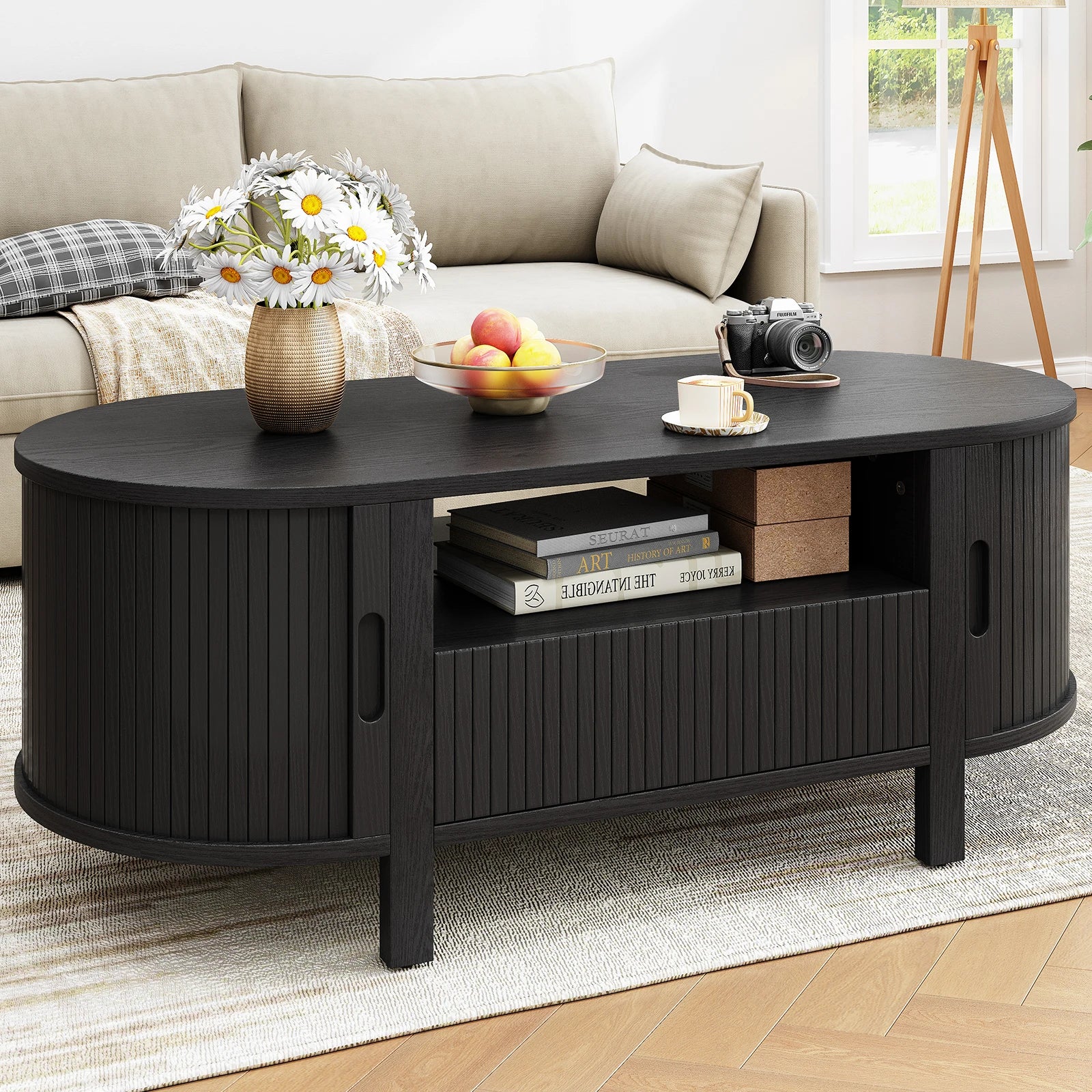 47” Oval Fluted Coffee Table – Mid-Century Modern Center Table with Sliding Door Cabinets