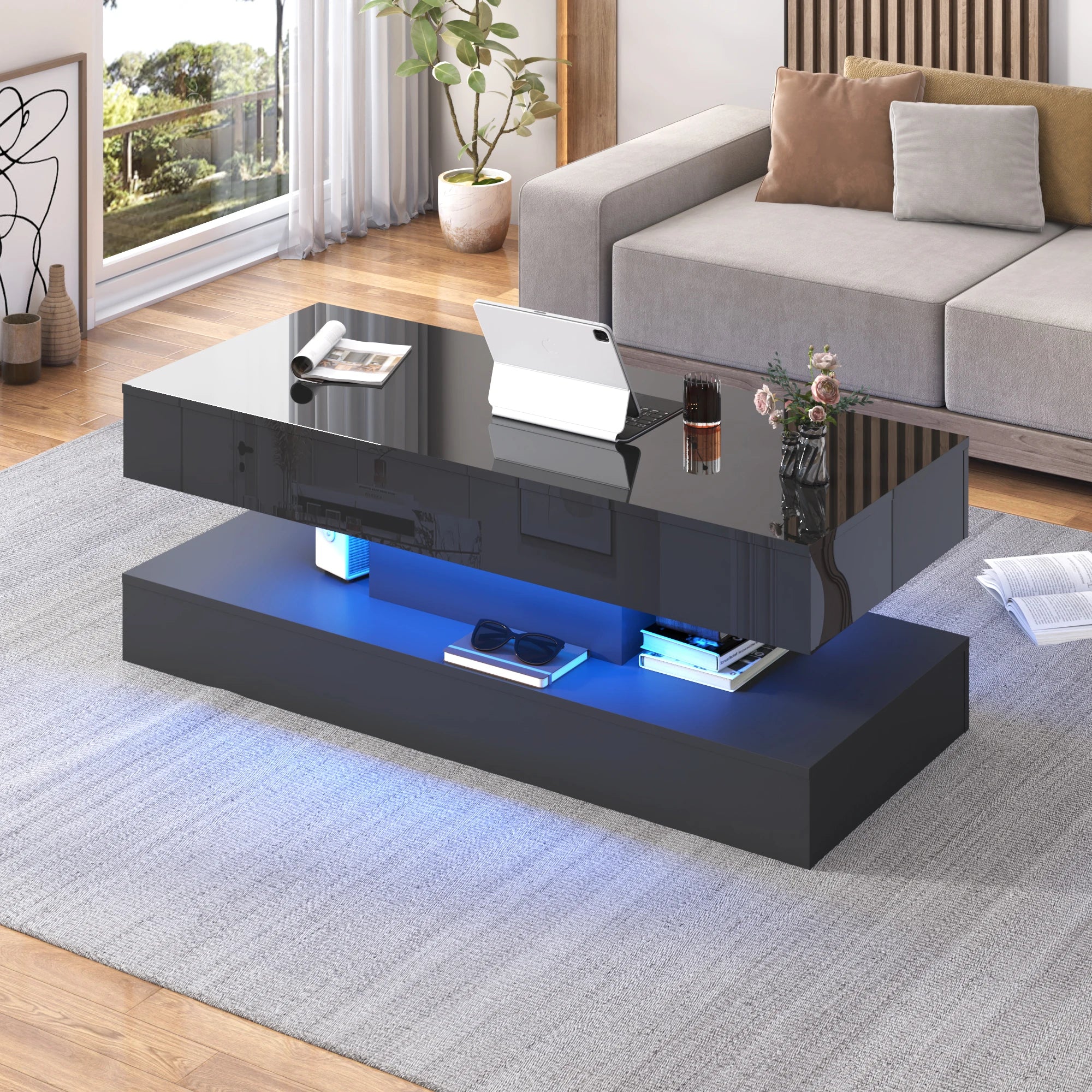 High-Gloss LED Coffee Table – White Center Table with Open Display Shelf & Large Storage
