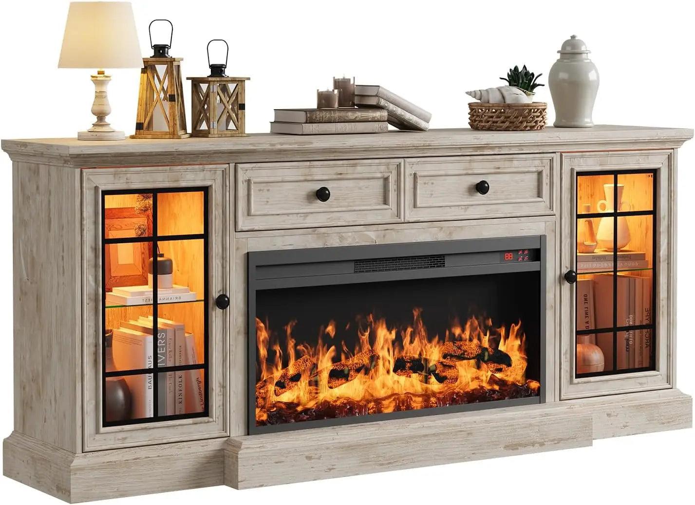 Fireplace TV Stand Up to 80" TVs,70'' Modern Entertainment Center with 36" Electric Fireplace&LED Lights,Farmhouse Media Console