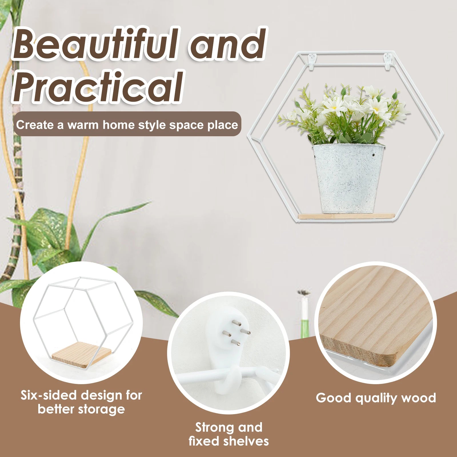 3Pcs Wall Mounted Hexagon Shelf Metal Anti Rust Storage Shelves Sundries Storage Holder Wall Decor for Bedroom Living Room