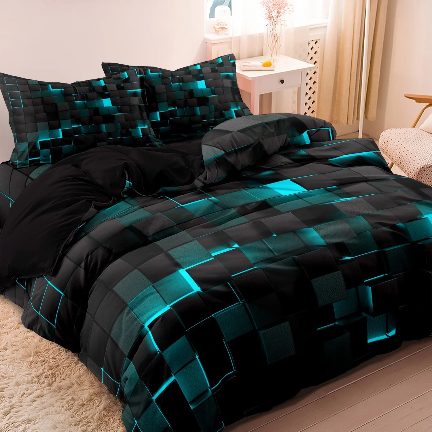 3pcs 3D Digital Print Energy Block Geometric Cube Modern Grid Plaid Checked Bedding Set  Includes 1*Duvet Cover & 2*Pillowcases