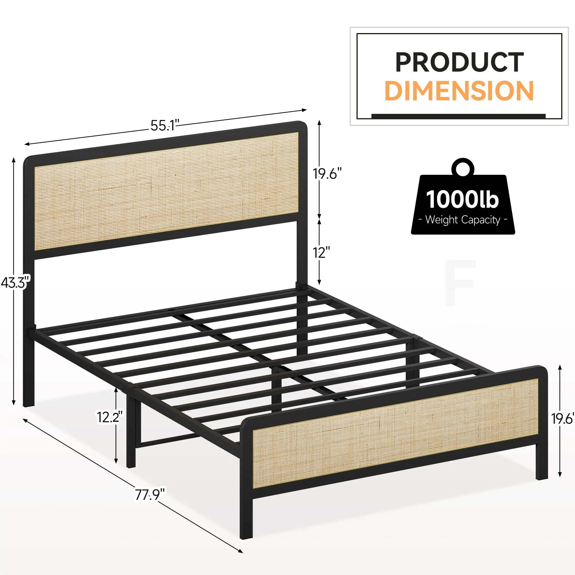Metal Platform Bed Frame with Rattan Headboard & Footboard – Rounded Corners
