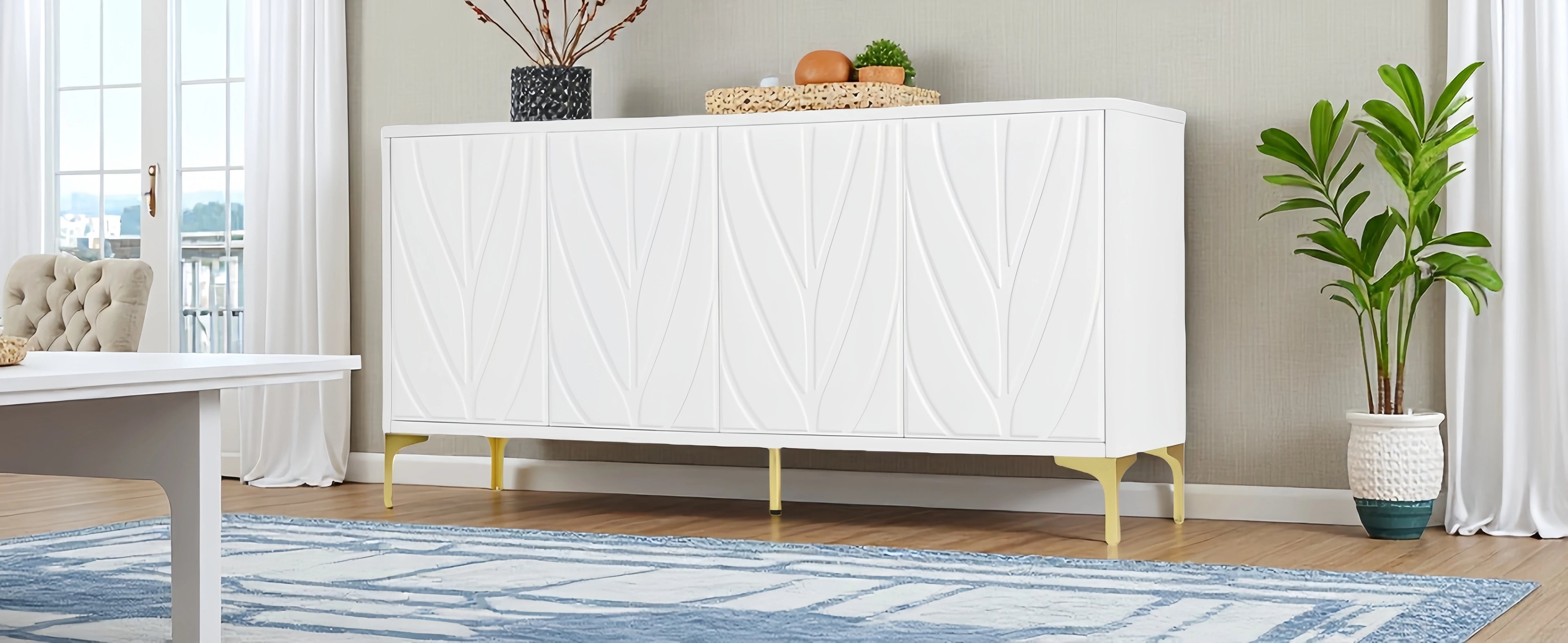 Creative carved 4-door Sideboard Handleless Press-to-Open Design Buffet Cabinet for Dining Room,Living Room, Bedroom, Hallway