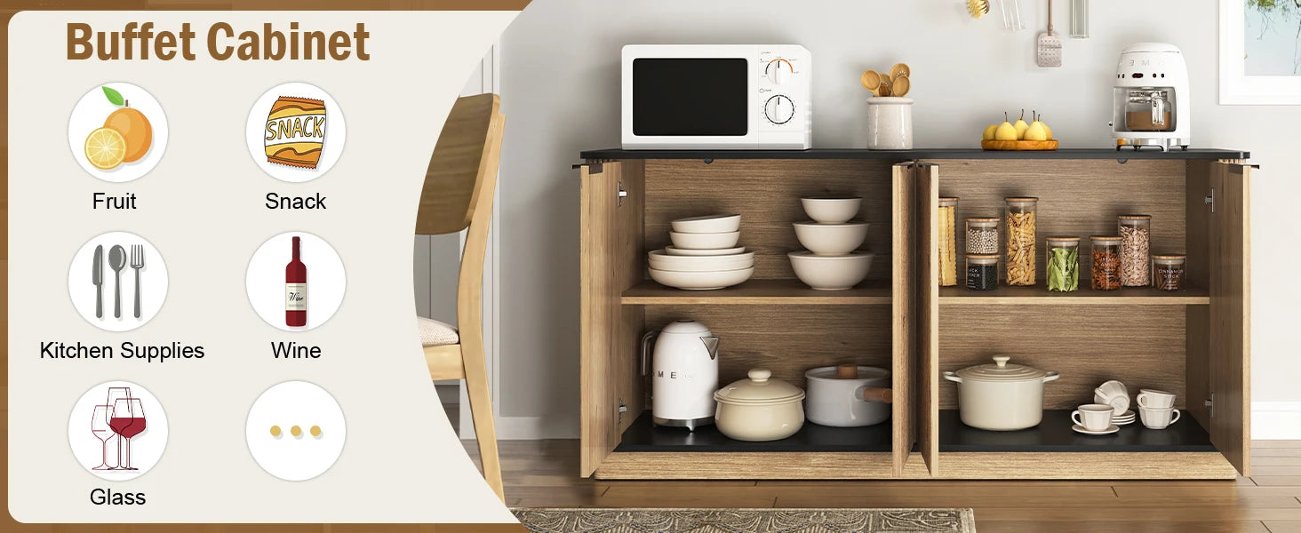 Sideboard Buffet Cabinet with Storage,59'' Walnut Fluted Kitchen Storage Buffet Cabinet with 4 Doors,TV Stand Accent Sideboard