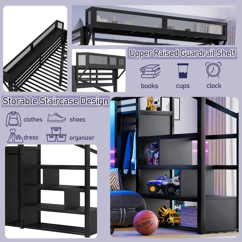 Metal Queen Loft Bed Frame – Storage Stairs, Wardrobe, Side Shelf, USB & LED Lighting