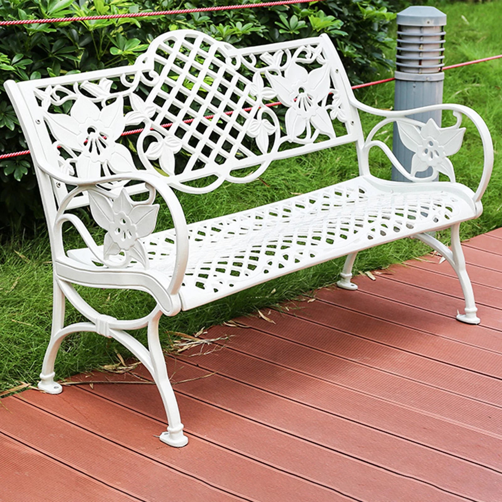 117CM Cast Aluminum Park Bench Chair ﻿All-weather Metal Outdoor Bench Patio Bench with Beautiful Carving Garden Bench