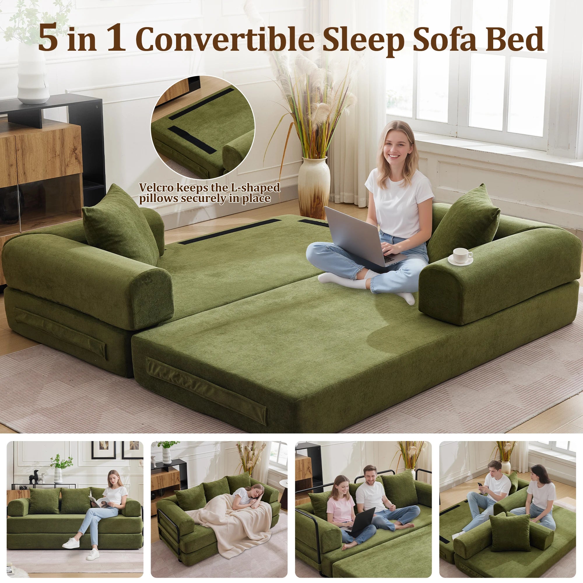 Korser Convertible Sofa Bed with Pillows Modular Floor Sofa with Fixed-Shape Frame Chenille Removable Folding Mattress Couch