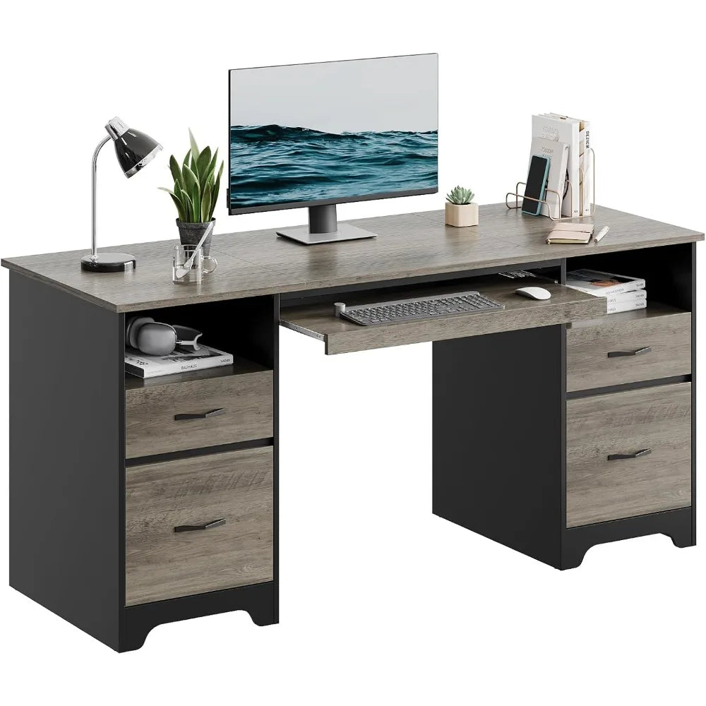 Industrial Executive Computer Desk with 4 Drawers, File Drawer, Keyboard Tray & Dual Pedestals