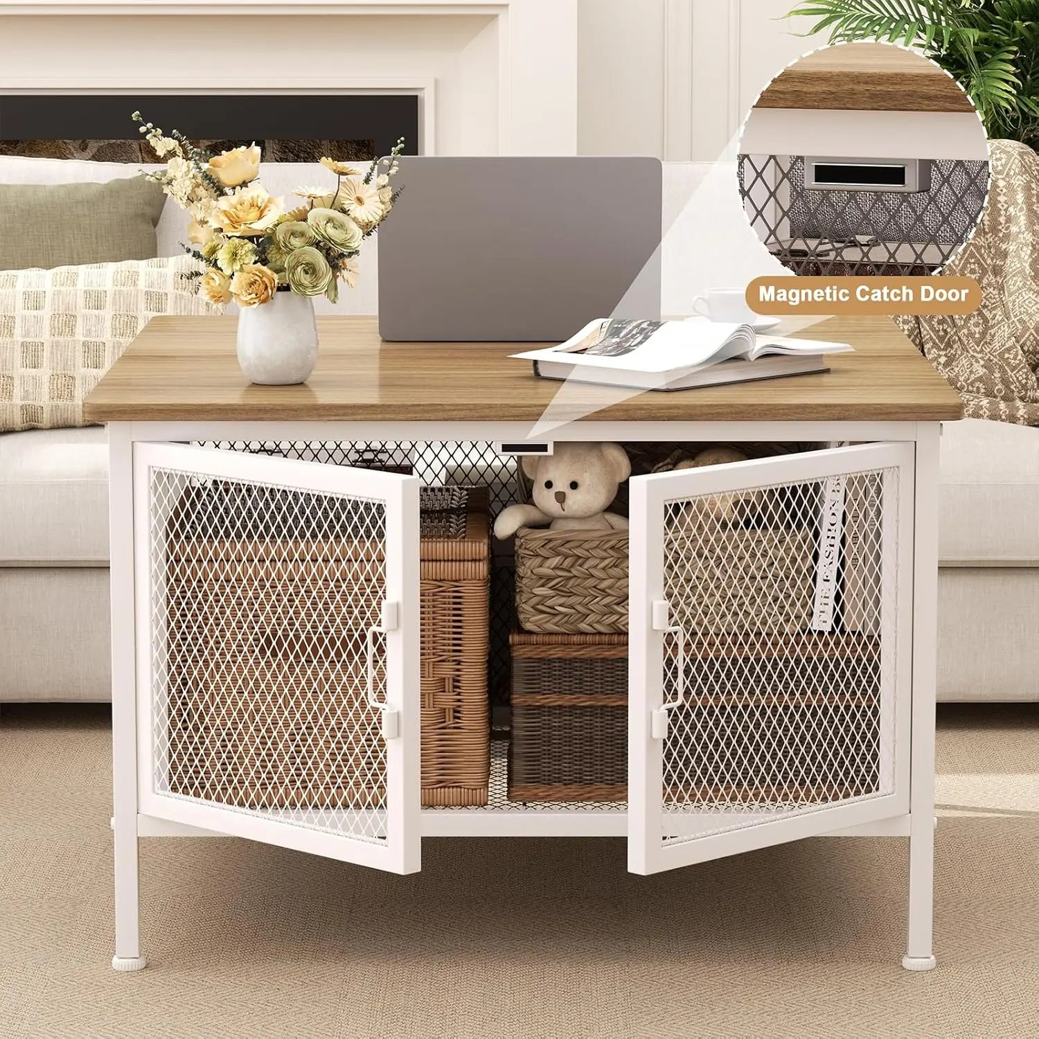 Farmhouse Lift-Top Coffee Table – Square Wood & Metal Table with Barn Door Storage