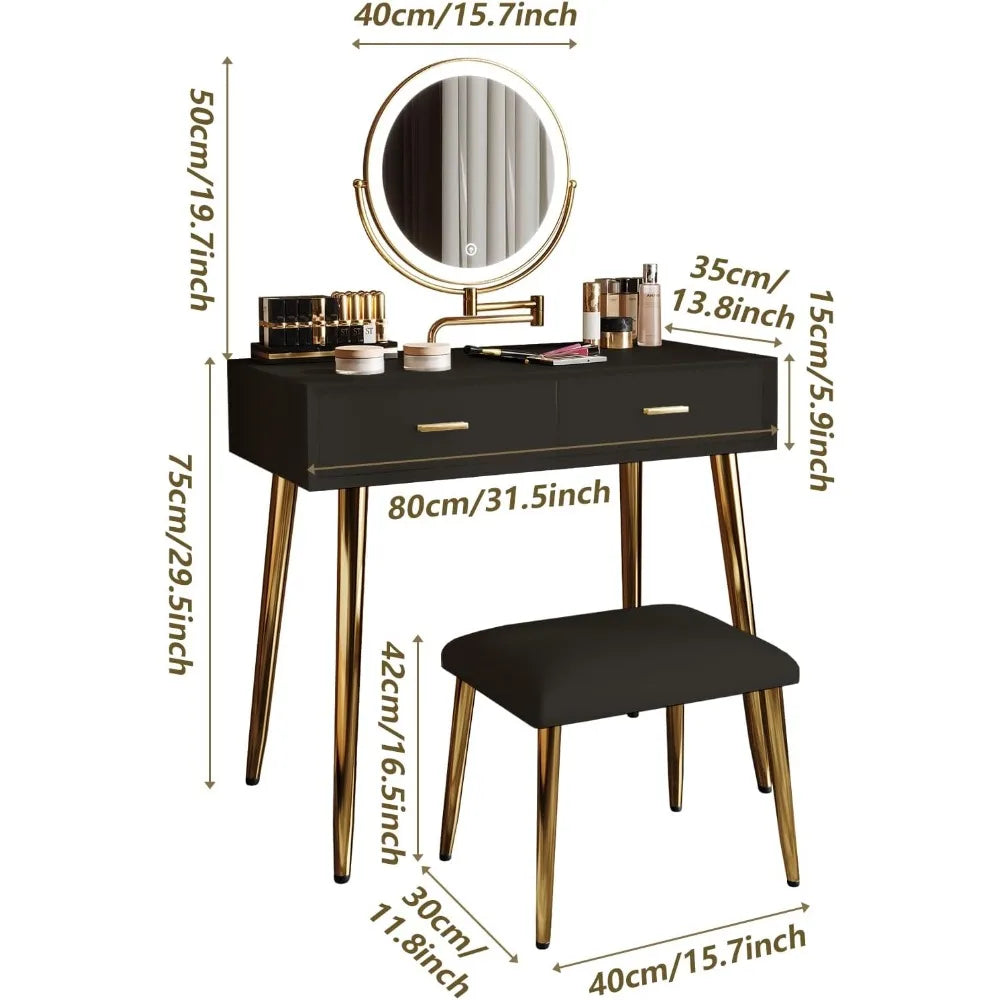 Makeup Vanity Desk with Mirror and Lights, Small Vanity Table with 2 Drawers, Stool,Vanity Set for Bedroom with Microfiber