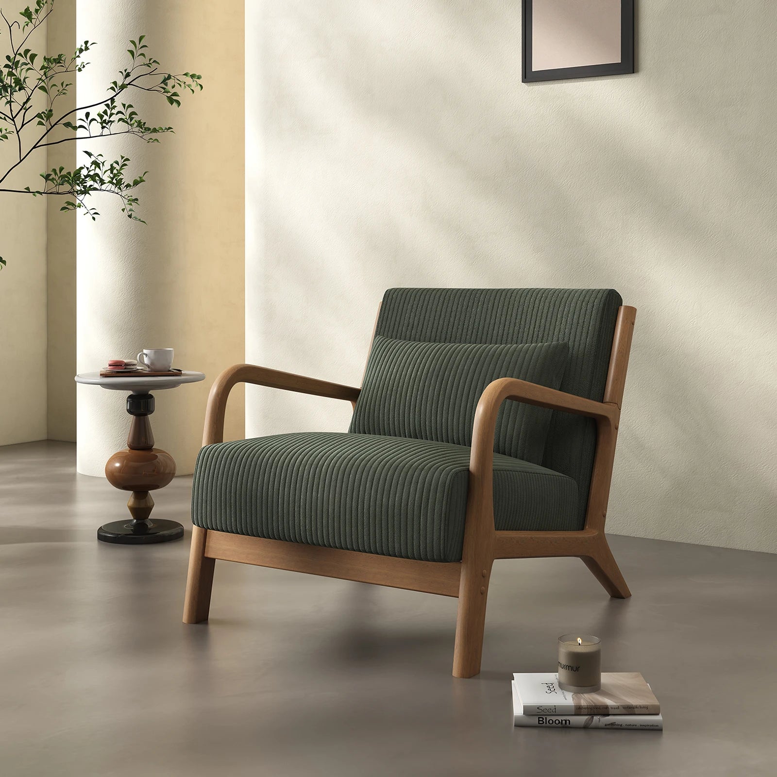 Mid-Century Modern Accent Chair – Fabric Reading Chair with Solid Wood Frame