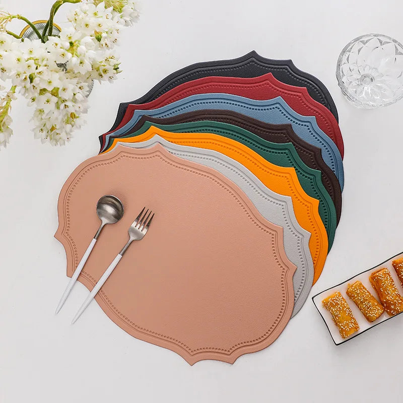 2pcs Oval Shaped Placemat Faux Leather Table Pad Luxury Place Mat Tableware Cafe Pad Kitchen Accessories Grey