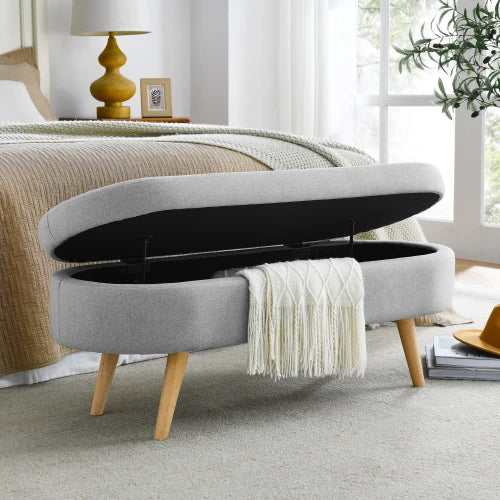 Bouclé Storage Ottoman Bench – 43.8″ Oval Flip-Top with Wood Legs