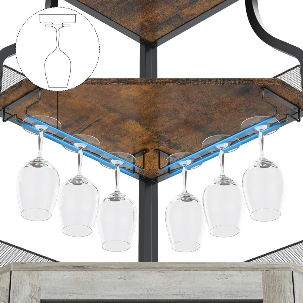 Corner Bar Cabinet – 5-Tier Industrial Wine & Liquor Cabinet with LED Lights