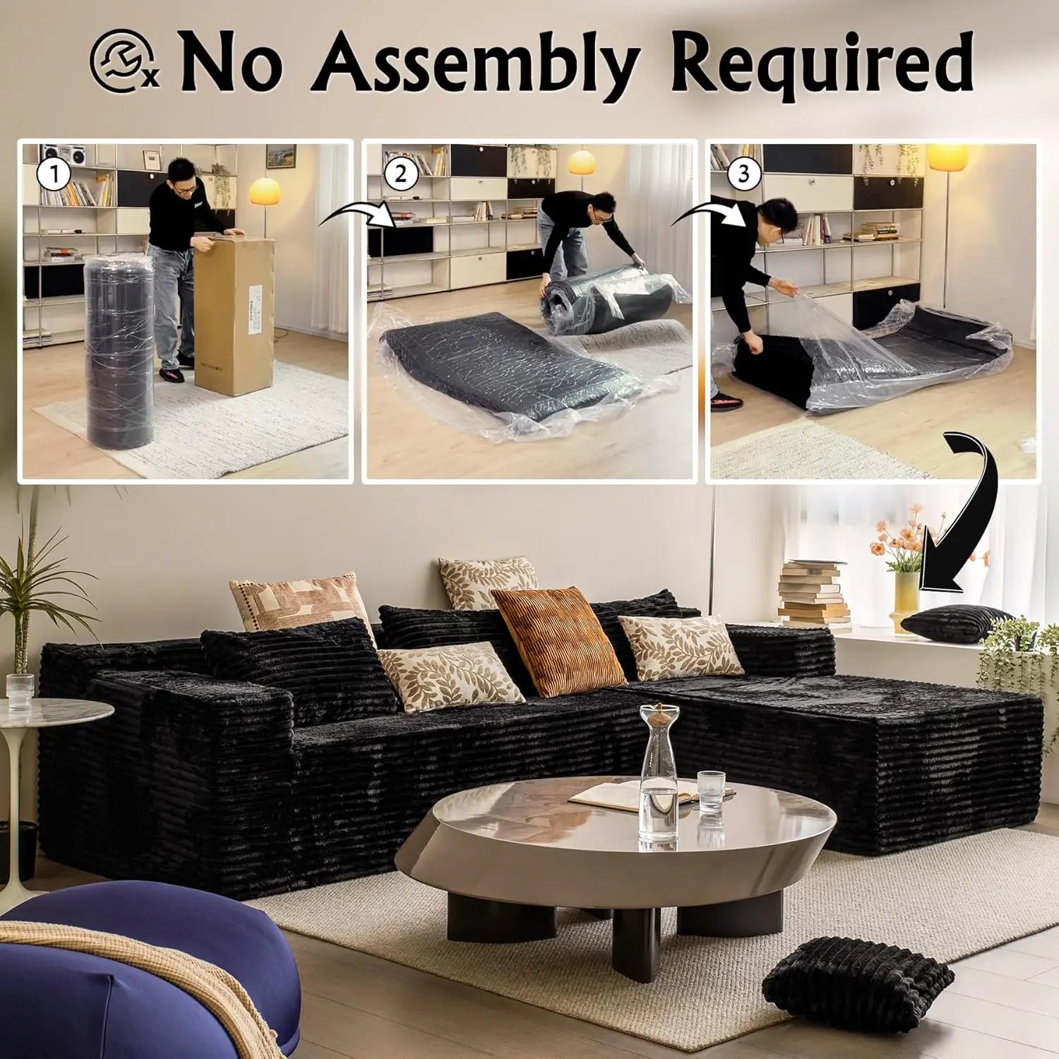 Black L-Shape Sectional Couch, 104' Modern Modular Sofa with Chaise, Deep Seat Comfort, No Assembly Required