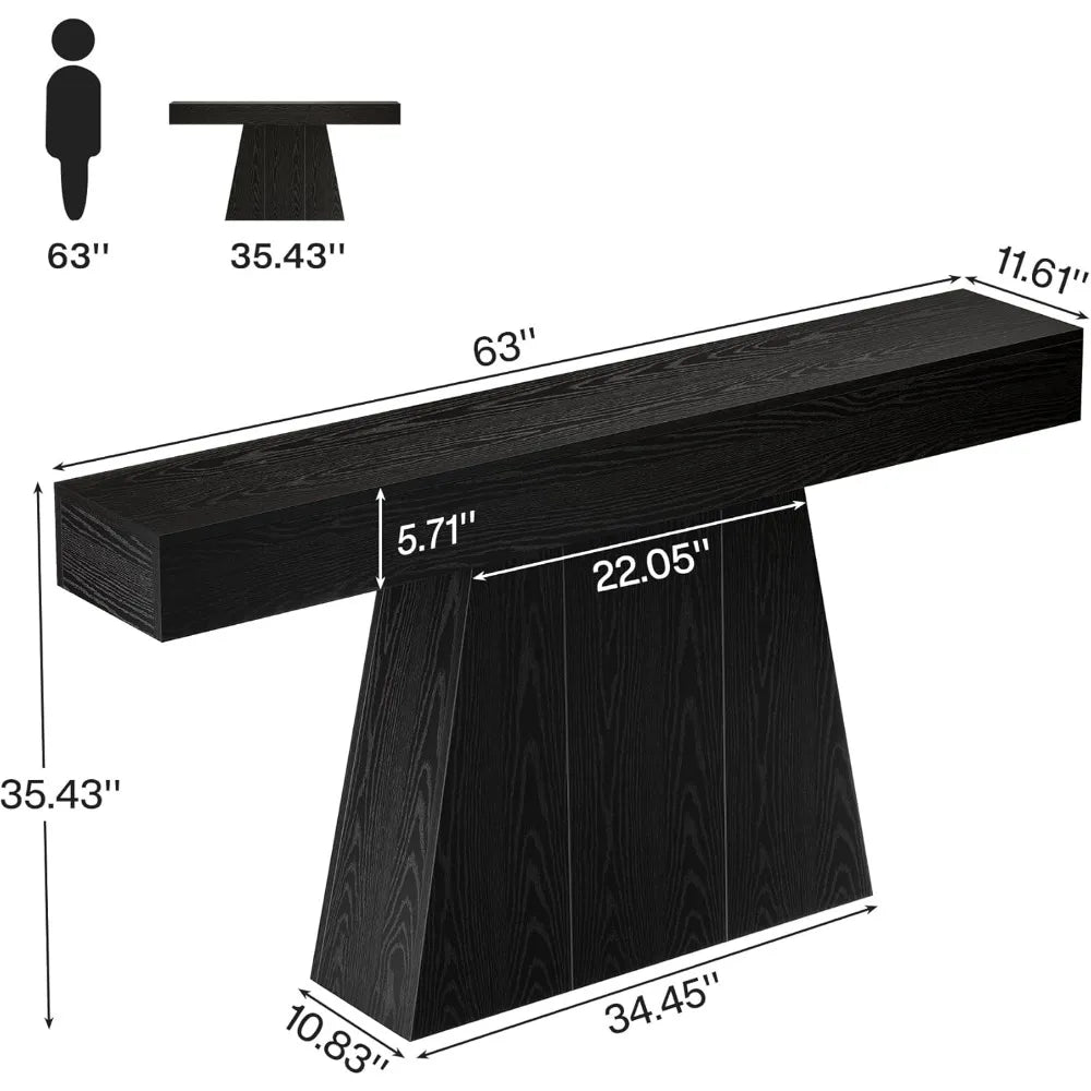 63 Black Console Table, Farmhouse Entryway Table with Trapezoidal Base, Narrow Long Wood Sofa Table Behind Couch