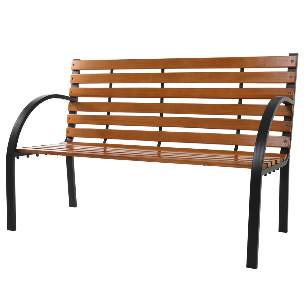 48" Hardwood Slotted Steel Cast Iron Frame Outdoor Patio Garden Bench Park Seat Classic Design, Blend Perfectly With Nature
