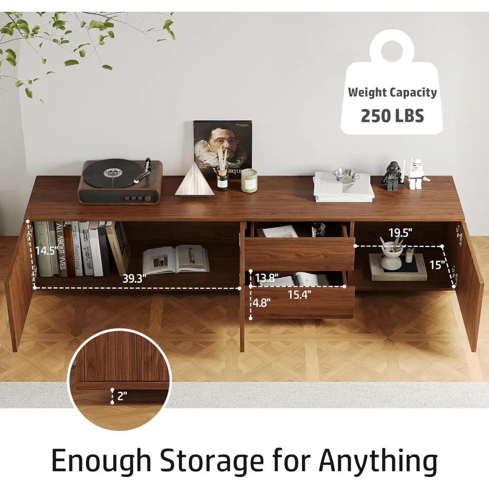 Mid-Century Modern TV Stand, 79" Fluted Door Entertainment Center with Storage, Brown Wood TV Console, Farmhouse Media Console