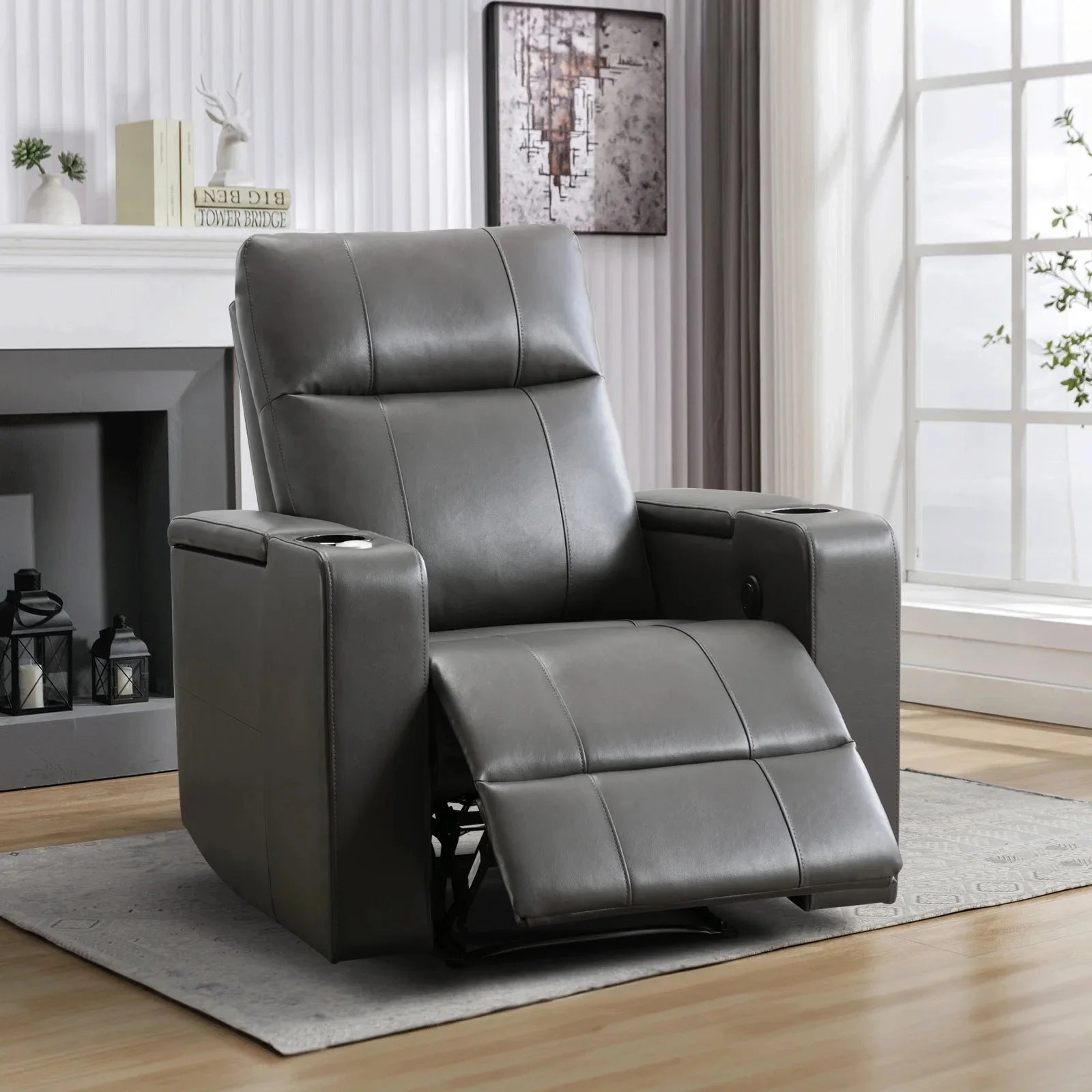 EBELLO Electric Recliner for Living Room Home Theater Seating Leather Reclining Chair Sofa Furniture with Cup Holders USB Ports