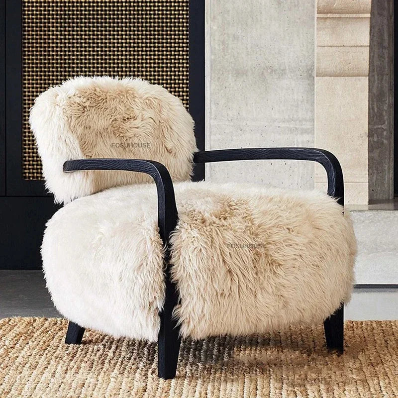 Modern Fabric Accent Chair – French Light Luxury Wood-Back Lounge Armchair