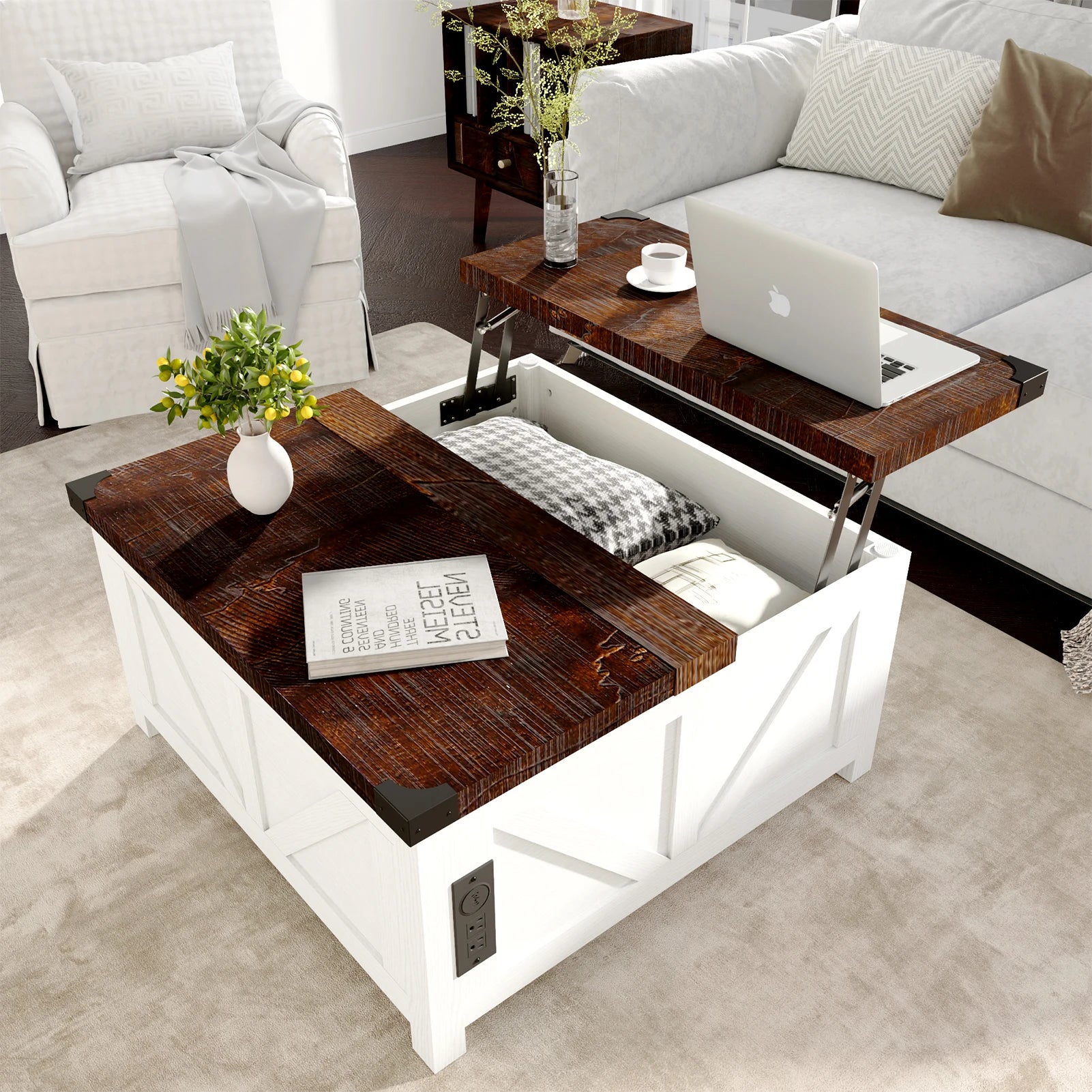 Lift-Top Coffee Table with Storage – 35.6”/40” Square Farmhouse Coffee Table
