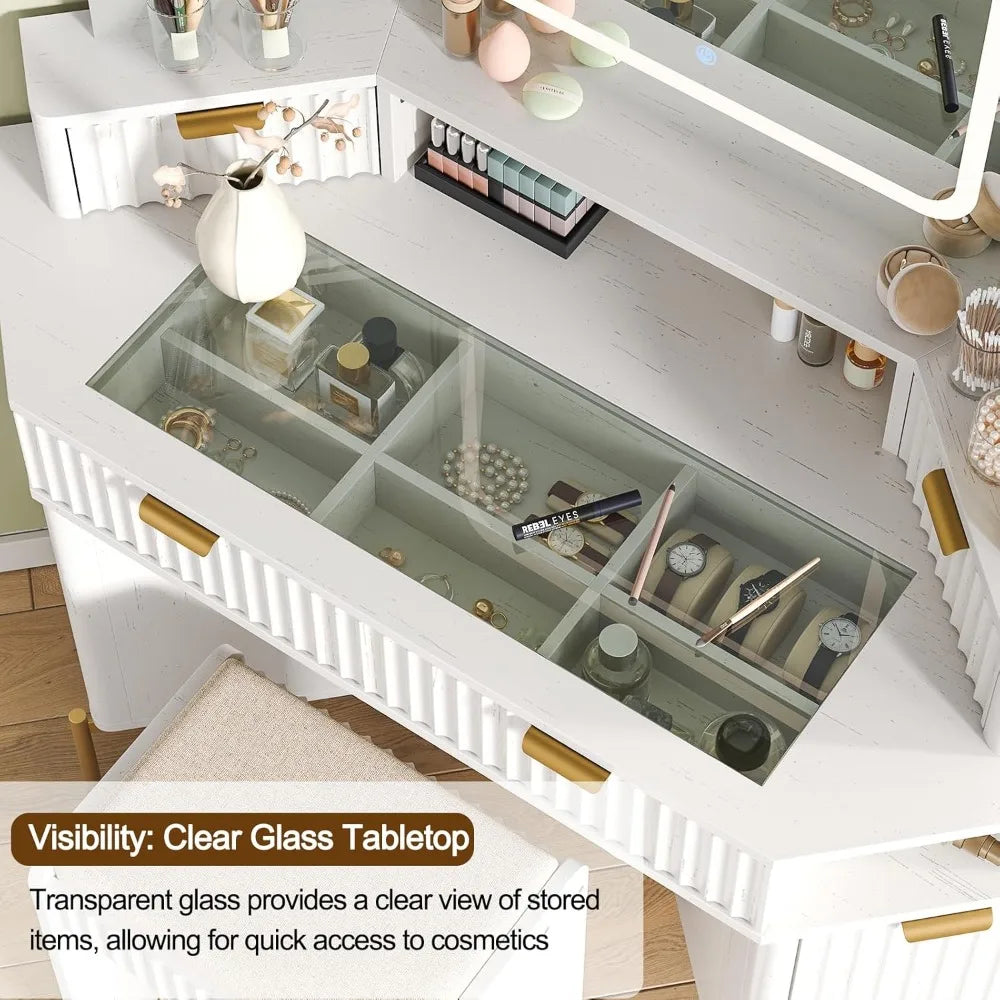 48'' Modern Vanity Desk with HD Triple Mirror & Lights,Large Corner Vanity Table with Glass Top, Charging Station,1Multifunction