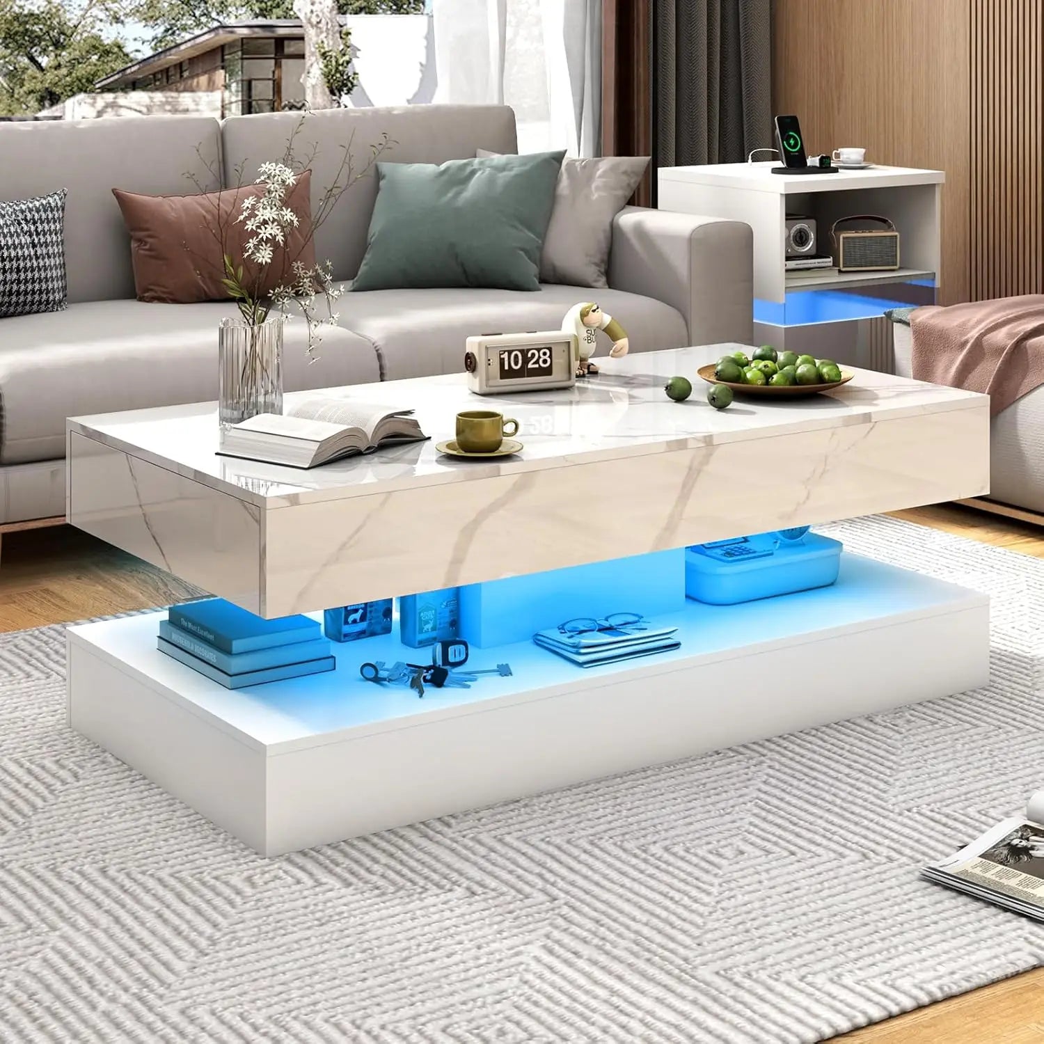 Modern LED Coffee Table with Double-Layer Design & Dual Storage Drawers