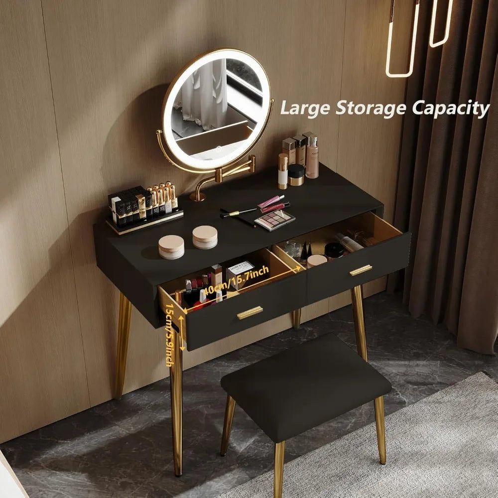 Makeup Vanity Desk with Mirror and Lights, Small Vanity Table with 2 Drawers, Stool,Vanity Set for Bedroom with Microfiber