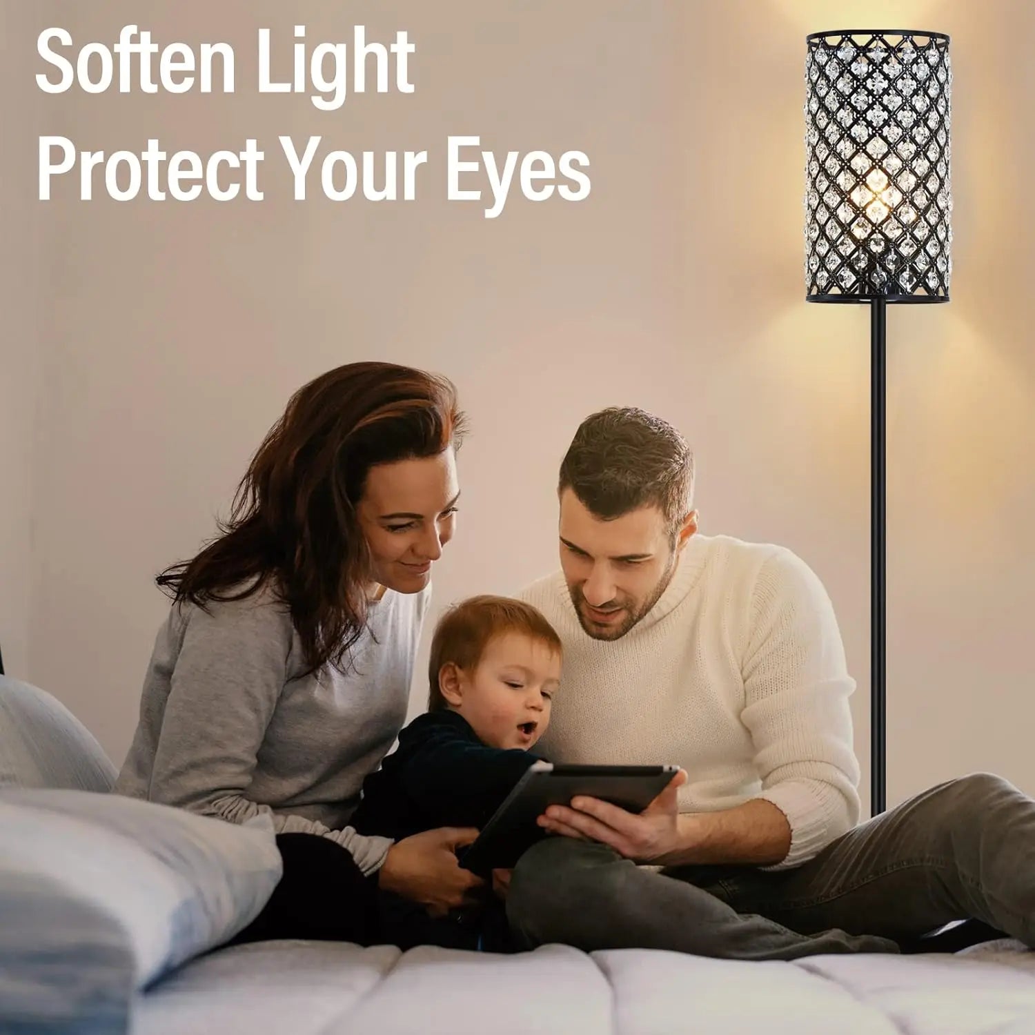 Crystal Floor Lamp, Modern Black Standing Lamp with Foot Switch, Tall Accent Light for Living Room, Bedroom, Office