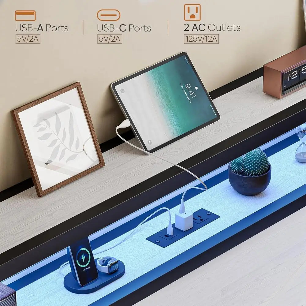 Corner Queen Size Bed Frame with Storage Bookcase – LED Lights & Charging Station