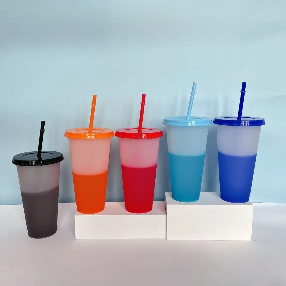 New 24oz 10Pcs Color Changing Cups with Lids and Straws 710ml Plastic Tumblers Cute Iced Coffee Cup Reusable Cups Bulk