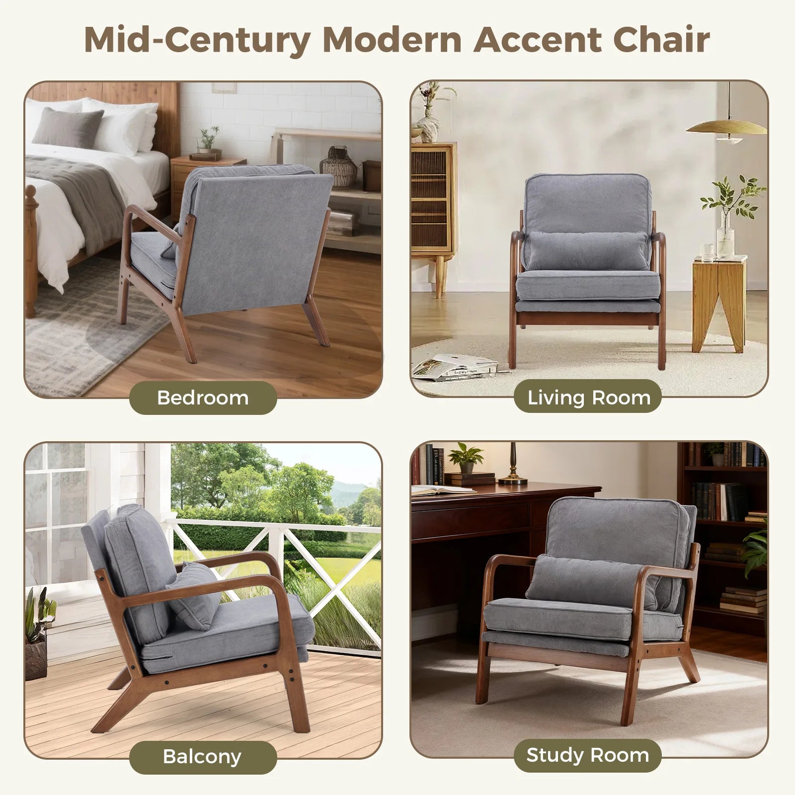 Mid-Century Modern Accent Chair – Solid Wood Frame Lounge Chair with Arms