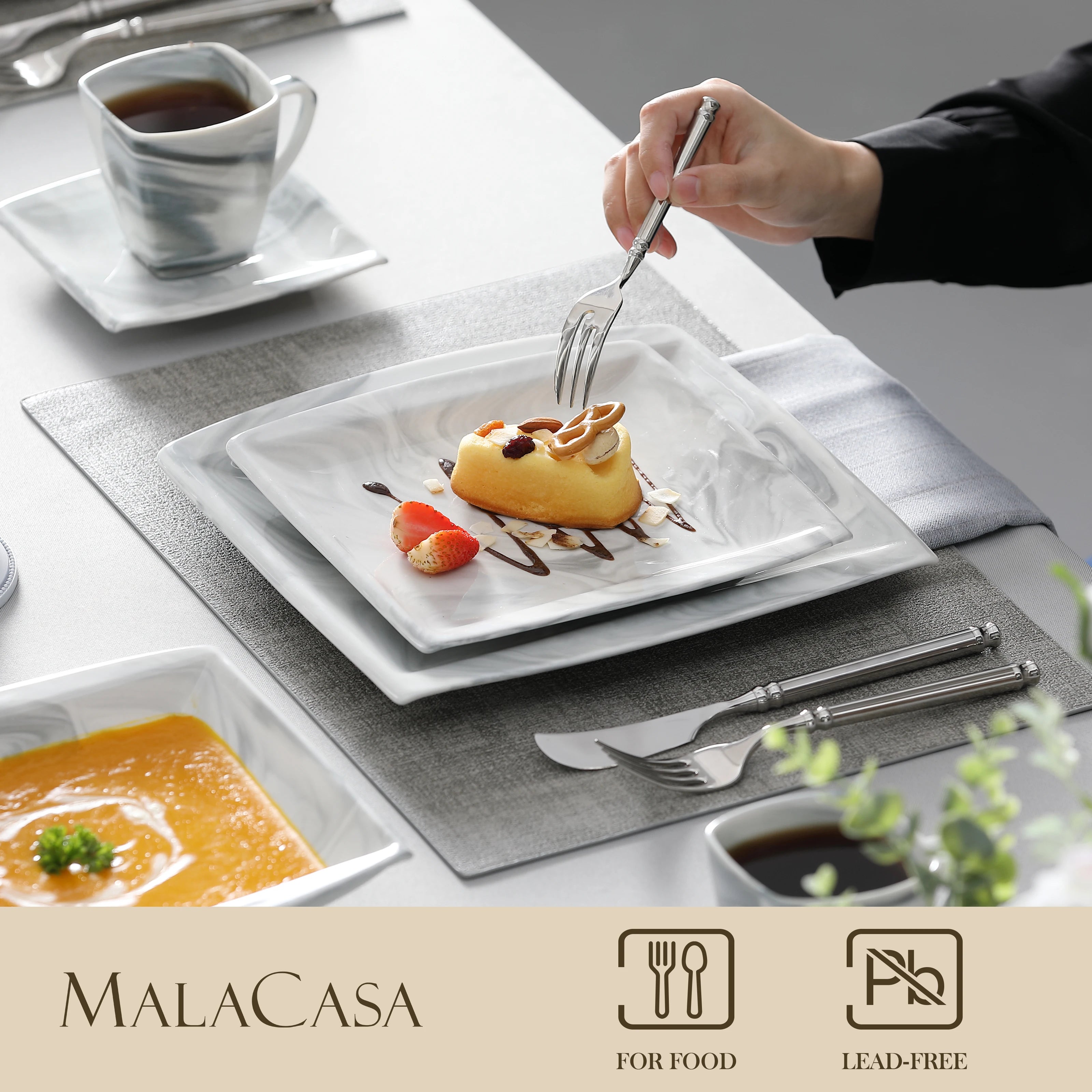 MALACASA 30/60PCS Marble Grey Porcelain Tableware Dinnerware Set with 6PCS Dessert/Soup/Dinner Plate/Cup/Saucer,Service for 12