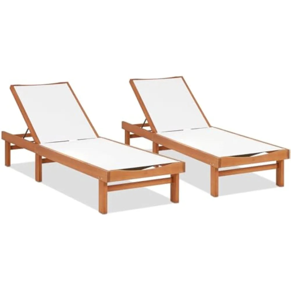 Patio Wood Chaise Lounge Chair, Strong Eucalyptus Wood Frame, 5-Position Adjustable Outdoor Recliner with White Mesh (2)