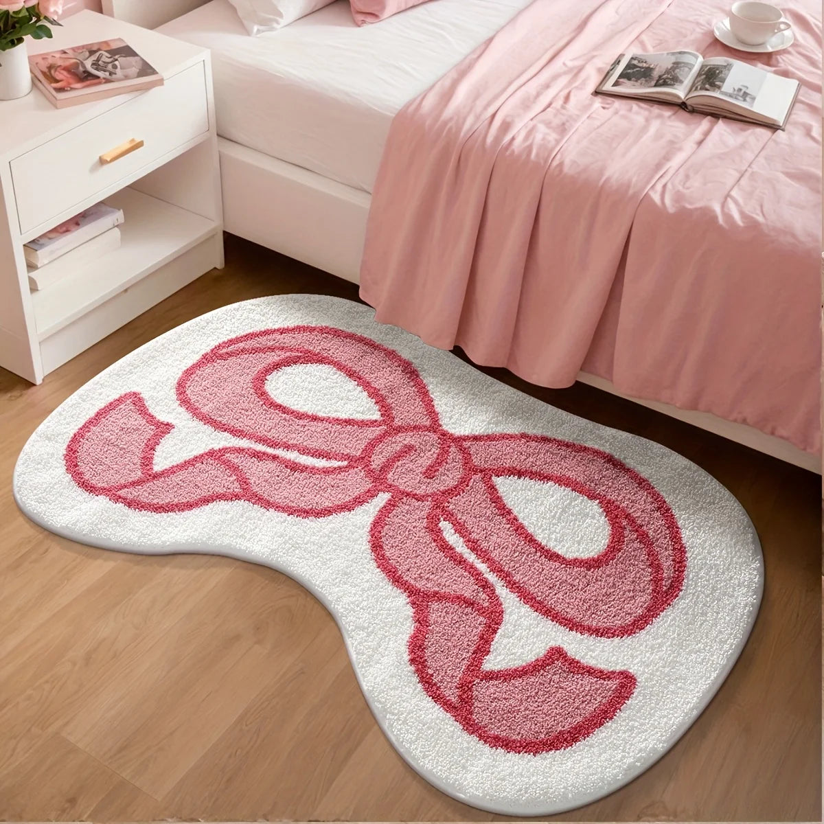 1pc Fluffy Bath Rug, Extra Soft Absorbent Bathroom Mat with Pink Bow Design, Non-Slip Comfortable Tufted Polyester TPR