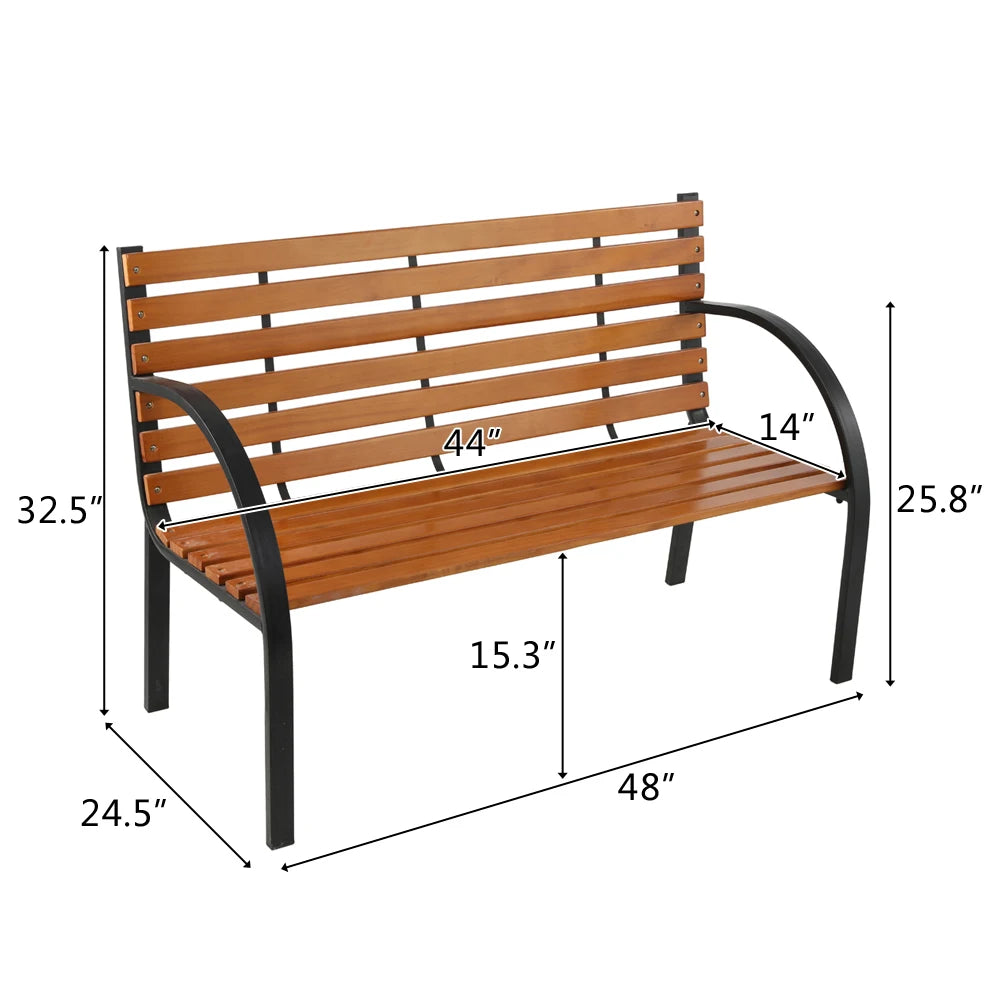 48" Hardwood Slotted Steel Cast Iron Frame Outdoor Patio Garden Bench Park Seat Classic Design, Blend Perfectly With Nature
