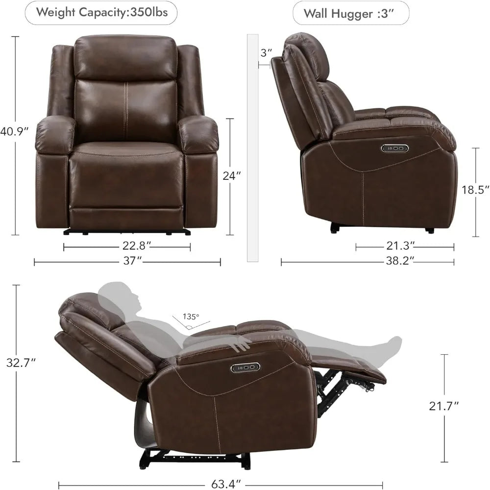 Genuine Leather Power Recliner Chairs for Adults, Wall Hugger RV Recliner with Power Headrest & Charging Ports,Electric Recliner