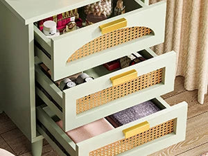 Mint Green Nightstand, 3-Drawer Rattan Night Stand Side Table, Accent Bedside Tables End Table for Bedroom and Small Spaces