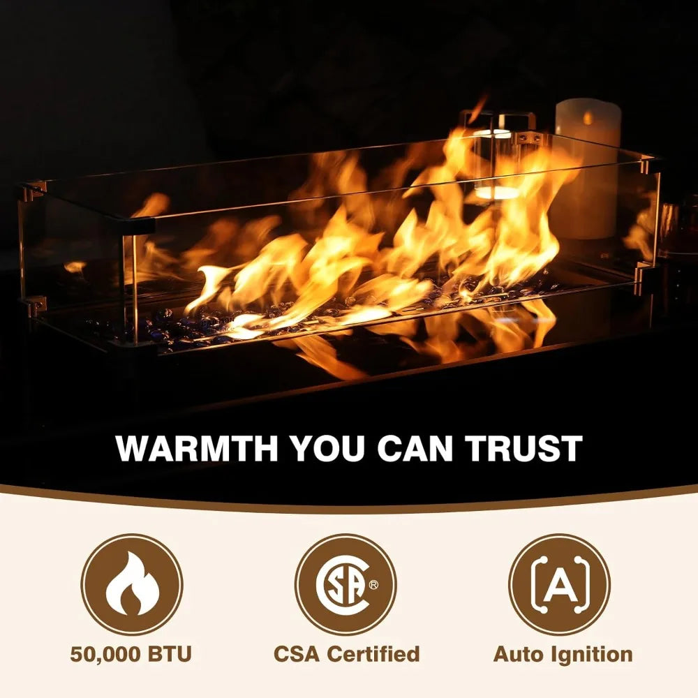 52 Inch Outdoor Propane Gas Fire Pit Table, 50000 BTU Rectangle Propane Fire Pit with Glass Wind Guard, Tempered Glass Top and W