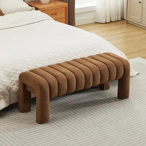 Upholstered Sherpa Bench – Rust Brown Padded Ottoman