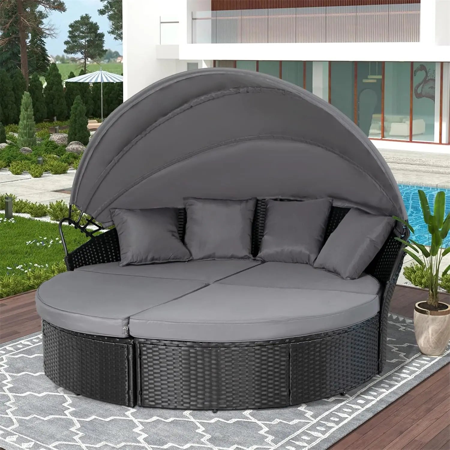 Outdoor Patio Round Daybed with Retractable Canopy, Wicker Furniture Clamshell Sectional Seating with Washable Cushions