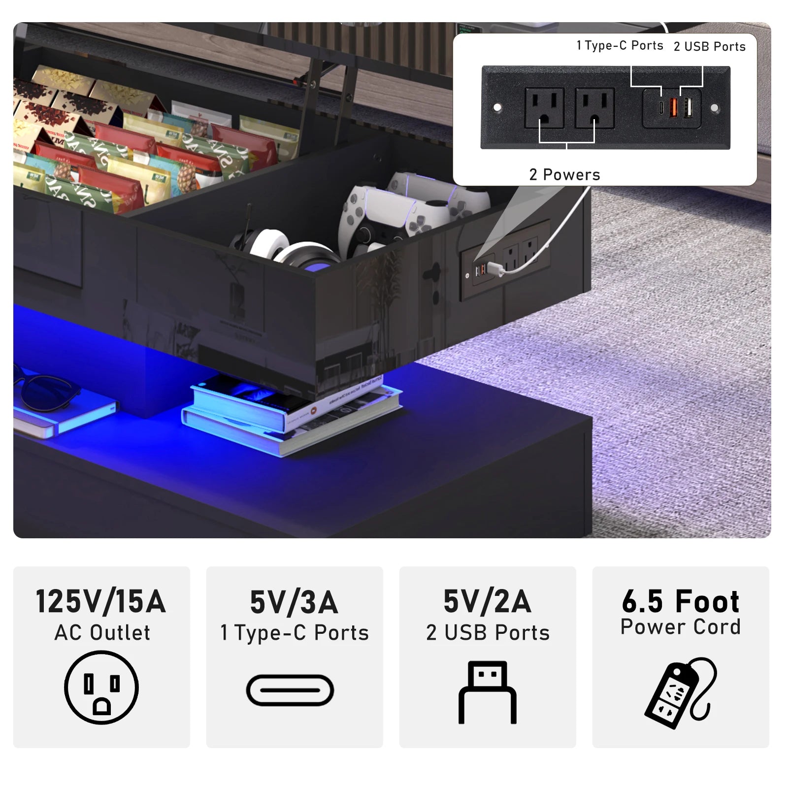 High-Gloss LED Coffee Table – White Center Table with Open Display Shelf & Large Storage
