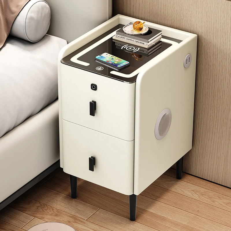 Ultra Narrow Smart Nightstand Luxury Bedside Table Minimalist Solid Wood Storage Cabinet Compact Bedroom Organizer with Charging