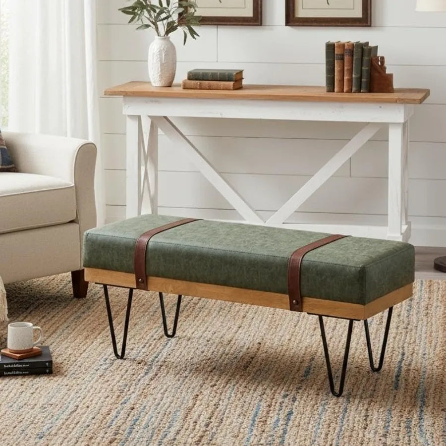 Green PU Leather Storage Ottoman Bench – 44″ with Industrial Hairpin Legs