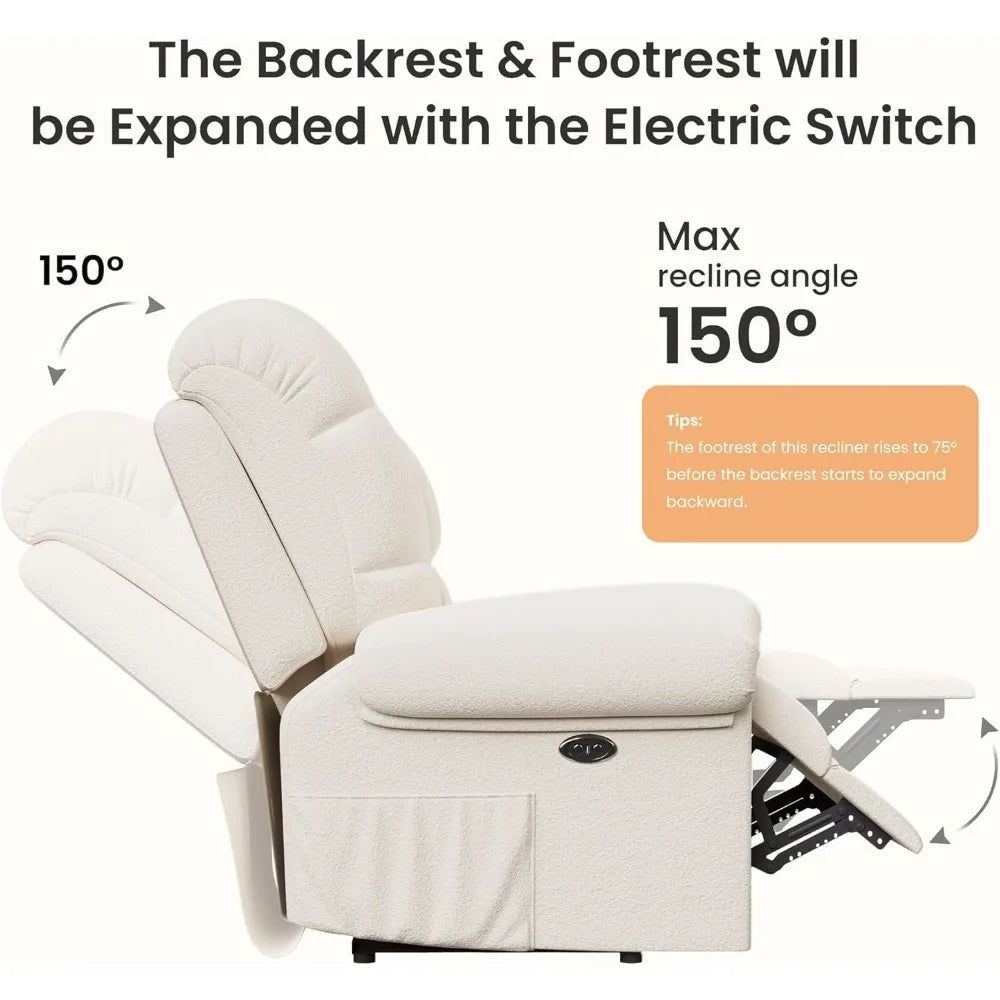 Adjustable Power Recliner Chair, Soft Teddy Electric Recliner Chair, Power Recliners with USB Port, Eco-Certified Small Recliner