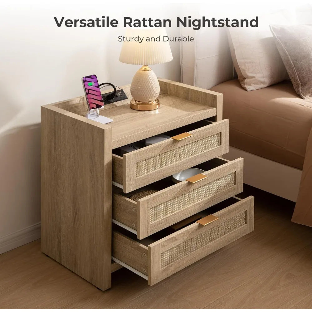SICOTAS Rattan Nightstand Bedside Table - Larger Night Stand with Type-C Charging Station, 3 Drawers Storage - Boho Night Stands