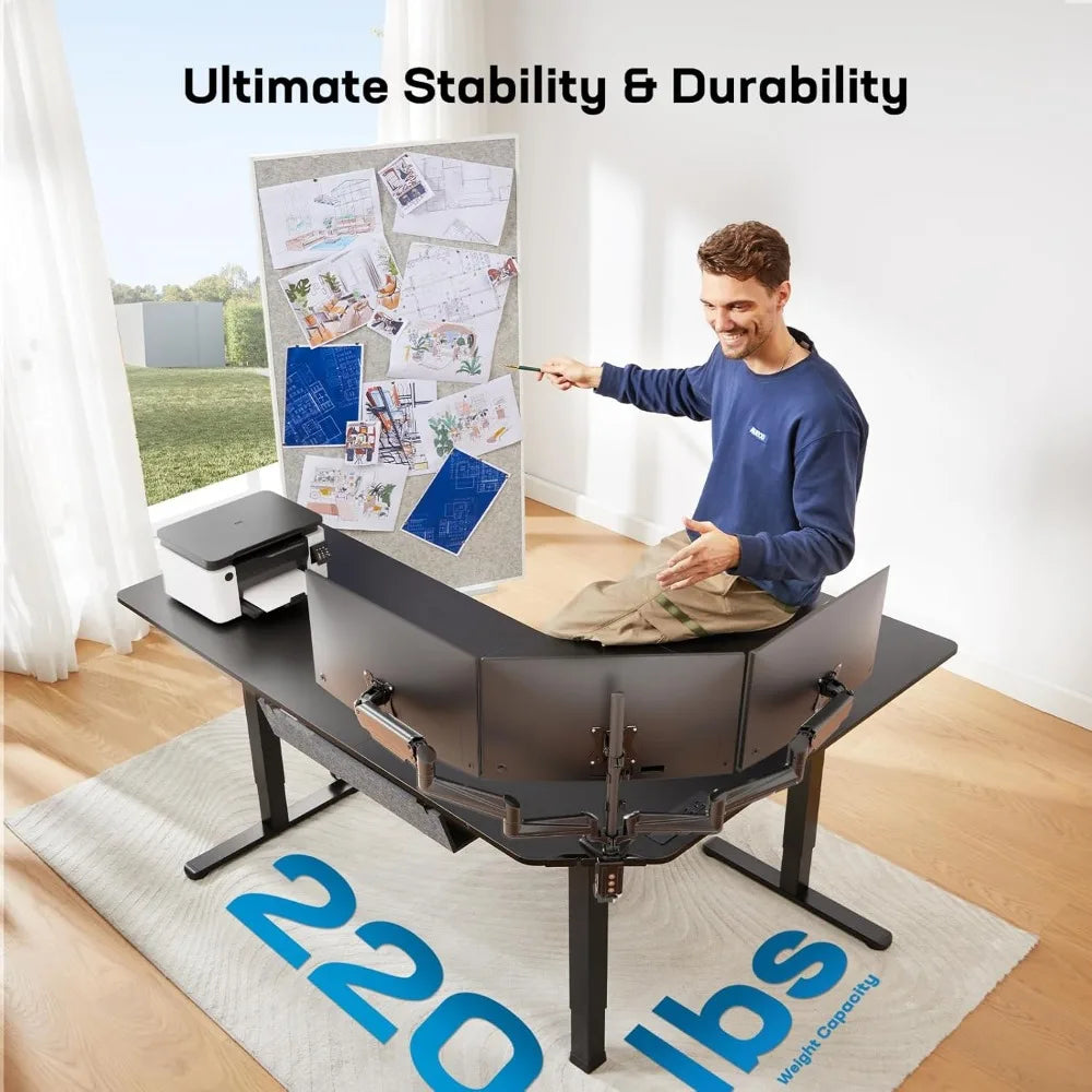 63″ Dual Motor L-Shaped Standing Desk, Built-in Power Outlets, Electric Height Adjustable Corner Computer Desk, Large Pow