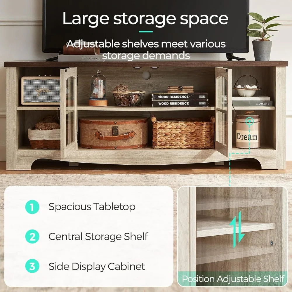 Farmhouse TV Stand for 65 Inch TV, Wood Entertainment Center with Glass Door Storage Cabinet & Adjustable Shelves, La