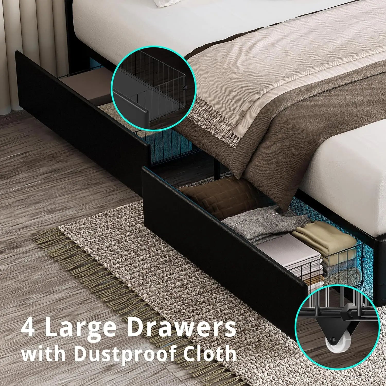 Full Size PU Leather Platform Bed Frame with LED Light & 4 Storage Drawers (Black)