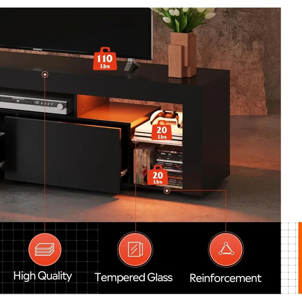 63 Inch TVs Stand, LED Entertainment Center for 60 To 70 Inch TV, Modern TV Console with 2 Drawers, TVs Stands